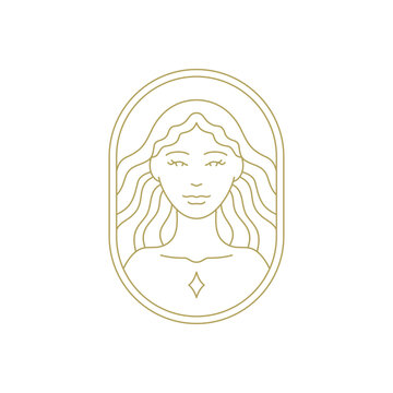 Antique beautiful woman esoteric mythology goddess portrait line art deco vintage logo vector