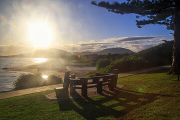 Sunrise over the beach in south west rocks Australia.Relaxing corner in the morning watching the sunrise.Beautiful view point.Beautiful view point watch the sunrise in the morning at South west rocks.