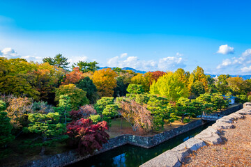 秋の京都・二条城で見た、紅葉が色付く庭園と快晴の青空