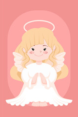 Fototapeta premium Christmas Illustration for use as a Card Design. Little Angel with wings on a pink background, dressed in a long cute dress with a halo over her head
