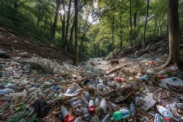 Garbage in the forest. Pollution of the forest by plastic. Generative AI