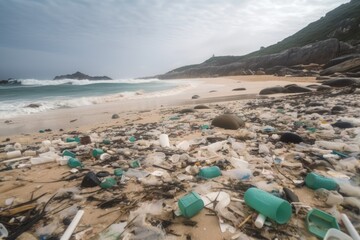 Beach pollution. Plastic bottles and other trash on the beach. Generative AI.