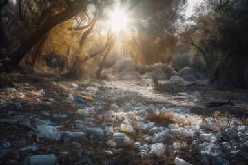 Garbage in the forest. Pollution of the forest by plastic. Generative AI