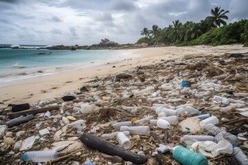Beach pollution. Plastic bottles and other trash on the beach. Generative AI.