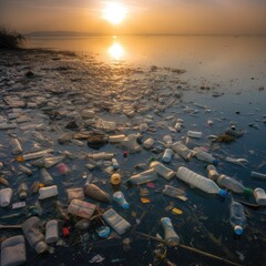 Garbage and plastic pollution in the lake. Generative AI