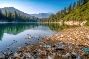 Garbage and plastic pollution in the lake. Generative AI
