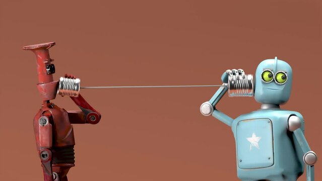 Retro two robots talking on tin can phones. 3d render