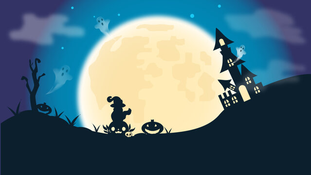Halloween picture with ghosts and pumpkin, scary cute background, castles, bones, Dracula, spirit