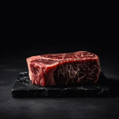 Raw Wagyu Meat on a black marble plate and dark background, food advertising, Generative AI
