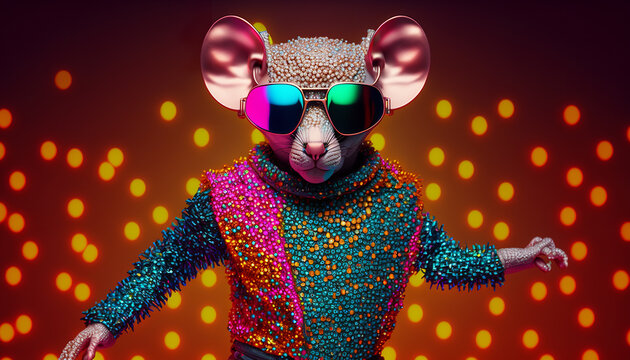 Mouse Or Rat In Disco Neon Sequin Bright Colour Outfit, Generative Ai