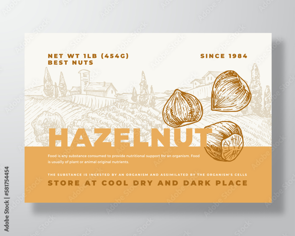 Wall mural fresh local hazelnut food label template. abstract vector packaging design layout. modern typography