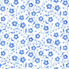 Blue and white wavy seamless pattern. Vintage flowers. Print for home textiles. - 581755000