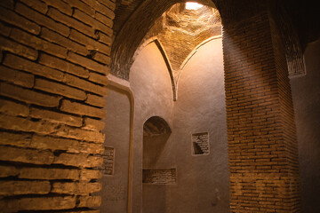 Masjed-e Jameh Mosque Ceiling with Roof Circle Window and Muqarna. Beautiful oldest iranian mosque...