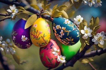 Picture of a close up of colorful easter eggs during a traditional egg hunt that are hanging from a branch of a blossoming apple tree. Easter Sunday celebration for kids in Spring Park. Generative AI