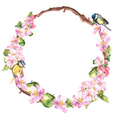 Beautiful vintage illustration on a white background. Flowers and a bird on the branches. Watercolor drawing.