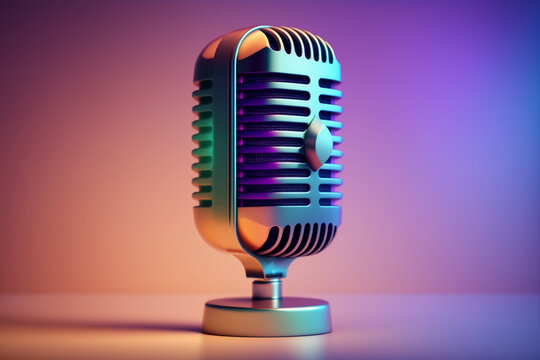 microphone, background for podcast commercial use, sound frequencies, microphone on the side, light colors, copy space, Generative IA