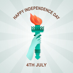 Happy Independence Day vector poster with Torch oh Statue of Liberty. Stylized burning flame and 4th July congrats © Olha