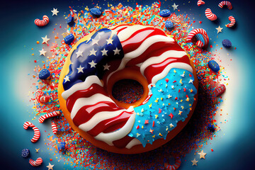 Fourth of July american Independence Day background decorated with USA flag, donut with candys, stars and confetti. Generative Ai