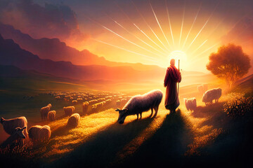 Biblical illustration of Jesus as a shepherd., Generative AI