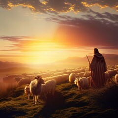 Biblical  illustration of Jesus as a shepherd., Generative AI