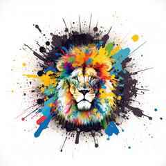 Lion portrait. Pop art illustration of a predator, the wild animal in a creative style with an explosion of colours, and white background. 