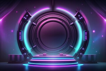 Fototapeta na wymiar futuristic neon stage gradient in science fiction Dynamic Laser Beams Shiny, glossy, purple, blue, and red metal circle Clean modern spaceship stage mesh Digital Background. Generative AI