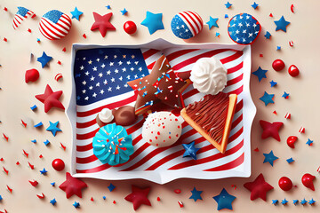 Obraz premium Flat lay of american independence day attributes. Generative Ai