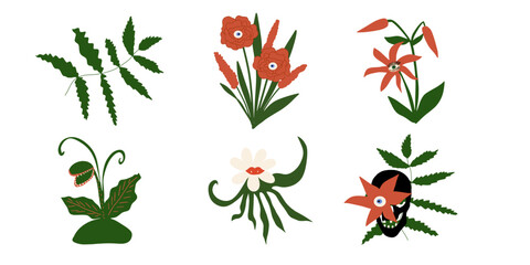 Creepy Predator Blossoms. Dangerous Tropical Flowers, Monster Plants. Vector illustration isolated on white background.