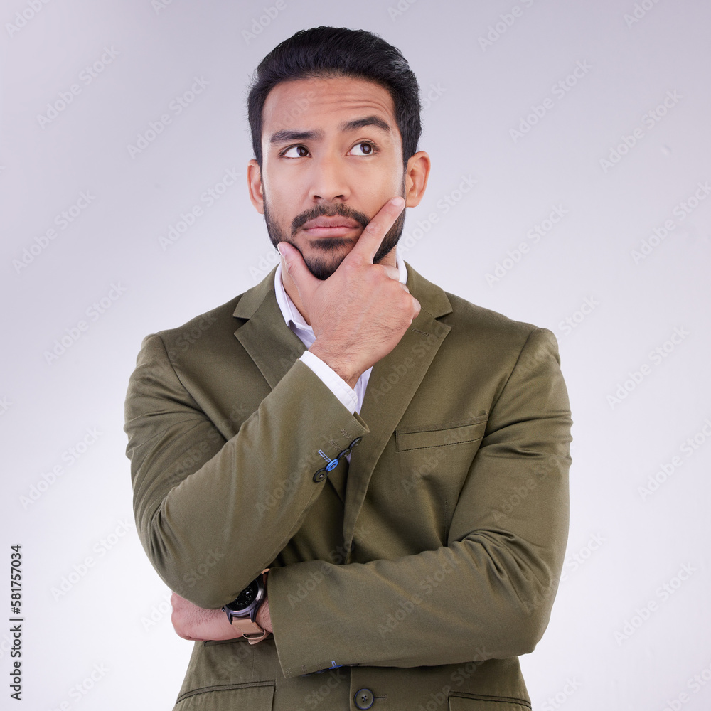 Sticker Business man, hand on face and thinking in studio with ideas or strategy on a gray background. Serious asian male entrepreneur think while confused, doubt or contemplating question on mockup space