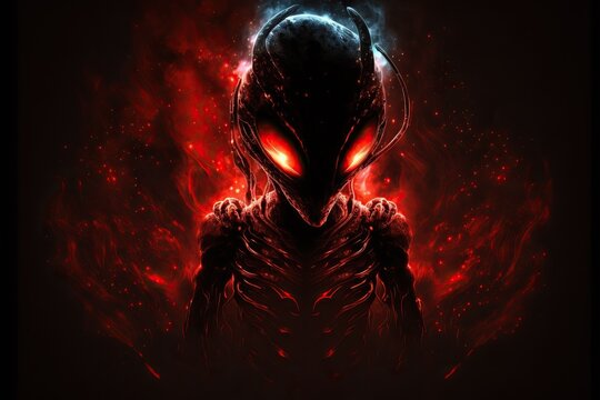 red scary little alien with many lights, illustration, generative ai