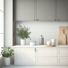 Close-up of a white ceramic wall tiled countertop in a modern grey built-in kitchen cabinet set for displaying domestic goods. Sunlight, Generative AI