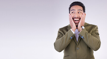 Surprise, shock and businessman in a studio with mockup with wow, omg or wtf face expression. Happiness, excited and corporate male model from India with an amazed facial gesture by a gray background