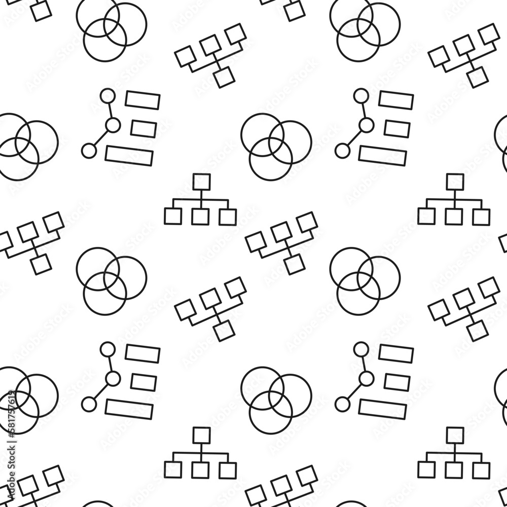 Poster Seamless pattern of intersected circles, map, pie chart is made of line icons