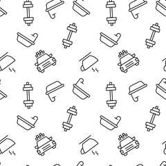 Seamless pattern of taxi, bathtub, dumbbell is made of line icons