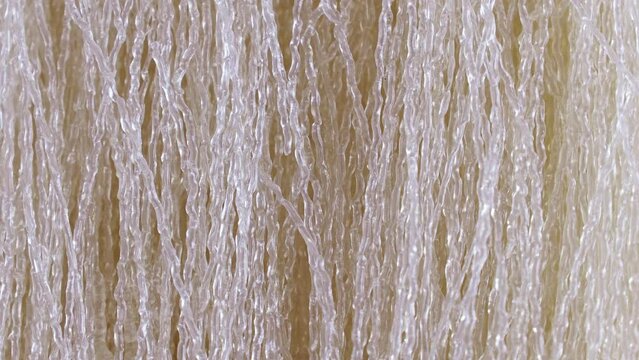 Uncooked dry transparent white arrowroot noodles circle rotation close up