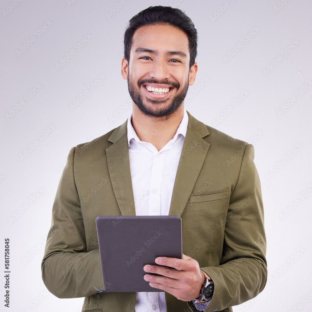 Poster business man, tablet and smile portrait in studio for internet, communication and network connection