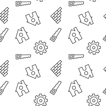 Vector seamless pattern of saw, gear, cogwheel on white background. It can be used for textile, backgrounds, placards, banners, backgrounds