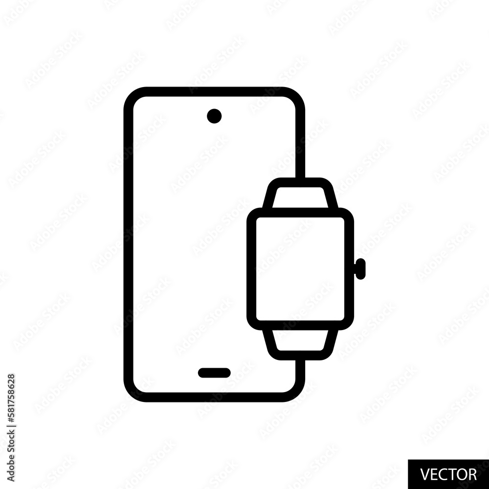 Poster smartphone and smartwatch, mobile phone and wrist watch vector icon in line style design for website