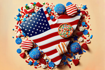 Happy Independence Day 4th july background with american flag decorated of sweet foods, stars and confetti. Generative Ai
