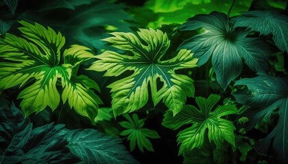 Naklejka na ściany i meble Natural green leaves of plants in a garden during the summertime, creating a vibrant and refreshing spring background. Generative AI.