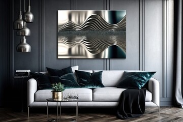 abstract, reflective metallic structure with waves floating above the water. Unique modern wall art. Generative AI