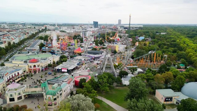 Aerial view of Prater amusement park and Vienna cityscape, Austria