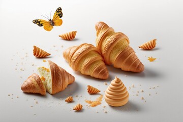 French pastry, fresh and delectable croissants on a white backdrop. Generative AI