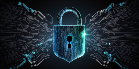 The concept of cyber security, a closed padlock on a digital background. Generative IA