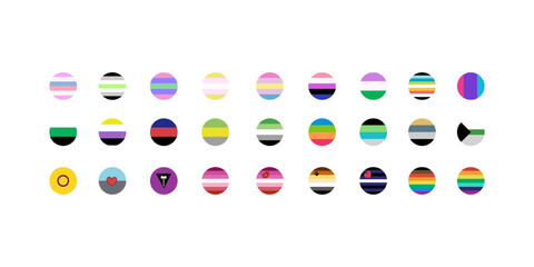 LGBT flags big set in flat style. Pride symbols. Rainbow elements. Vector illustration isolated on white background.