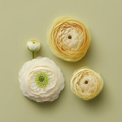 Set of three exquisite ranunculus buttercup flowers in white and cream, isolated over a translucent background, suitable for Mother's Day or spring designs, top view, Generative AI