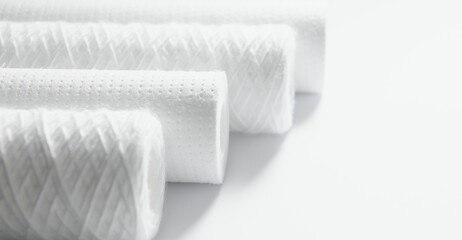 filter cartridges for water on a white background. Installation of reverse osmosis water...