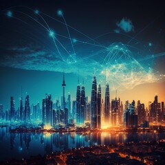 Smart city with a cityscape and wireless network connection. notion of massive data connection technology. Concept of wireless network and connection technology against a nighttime cityscape, Generati