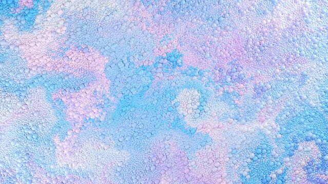 Abstract liquid video background 4k. 3d rendering of spherical particles moving in multicolored swirling blending flows Colorful intertwining mixing streams of pink, light blue floating bubbles balls