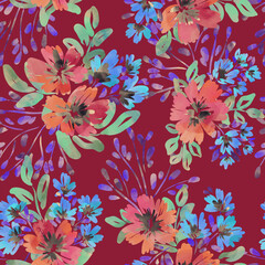 Watercolor drawing. Seamless floral pattern with bright colorful flowers and leaves. Elegant template for fashion prints. Modern floral background. Fashionable folk style. Ethnic style. 